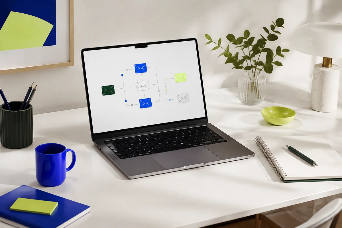 Illustrative workspace with a laptop and notebook for planning email campaigns.